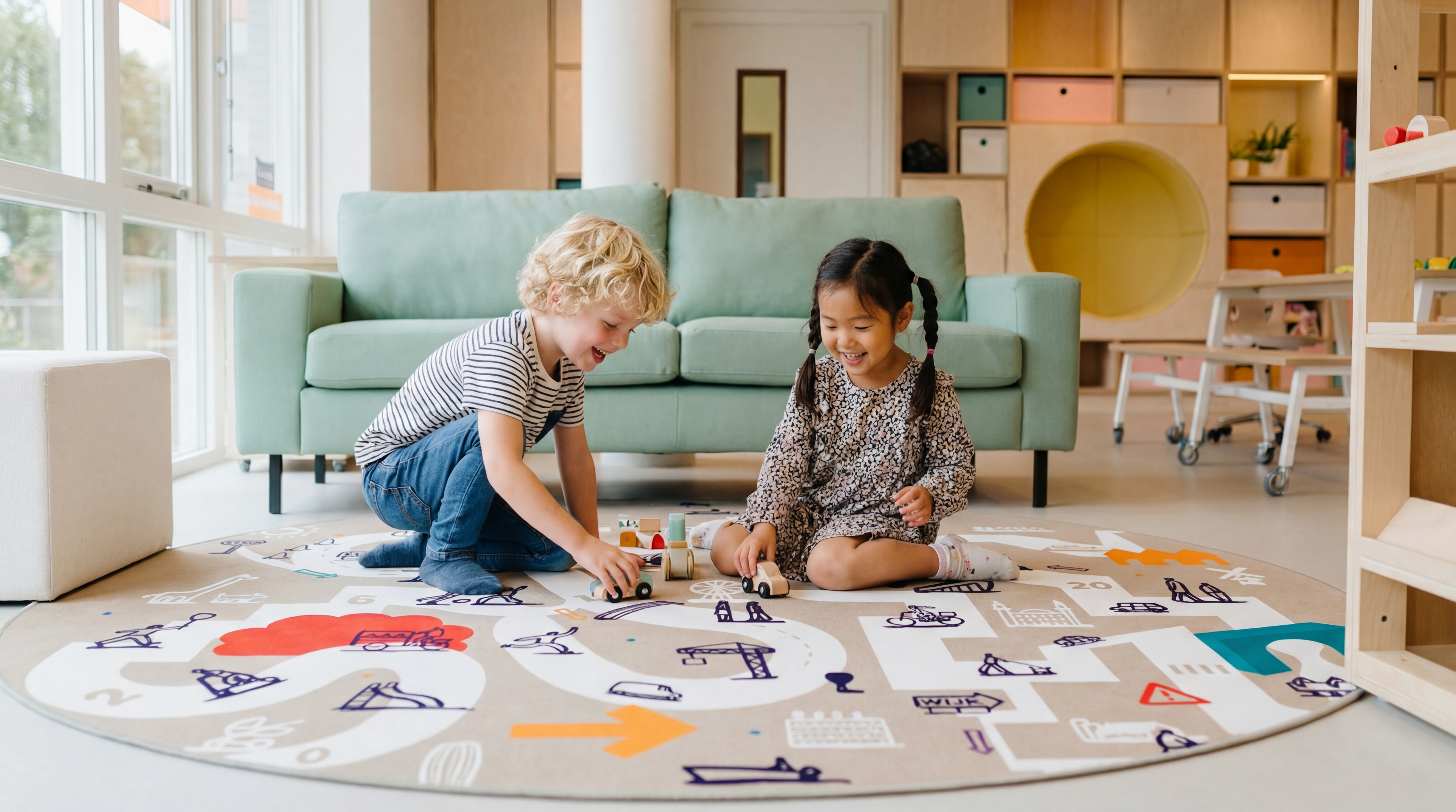 Twee kinderen spelen met auto's op een kleed bij een gro-up kinderdagverblijf