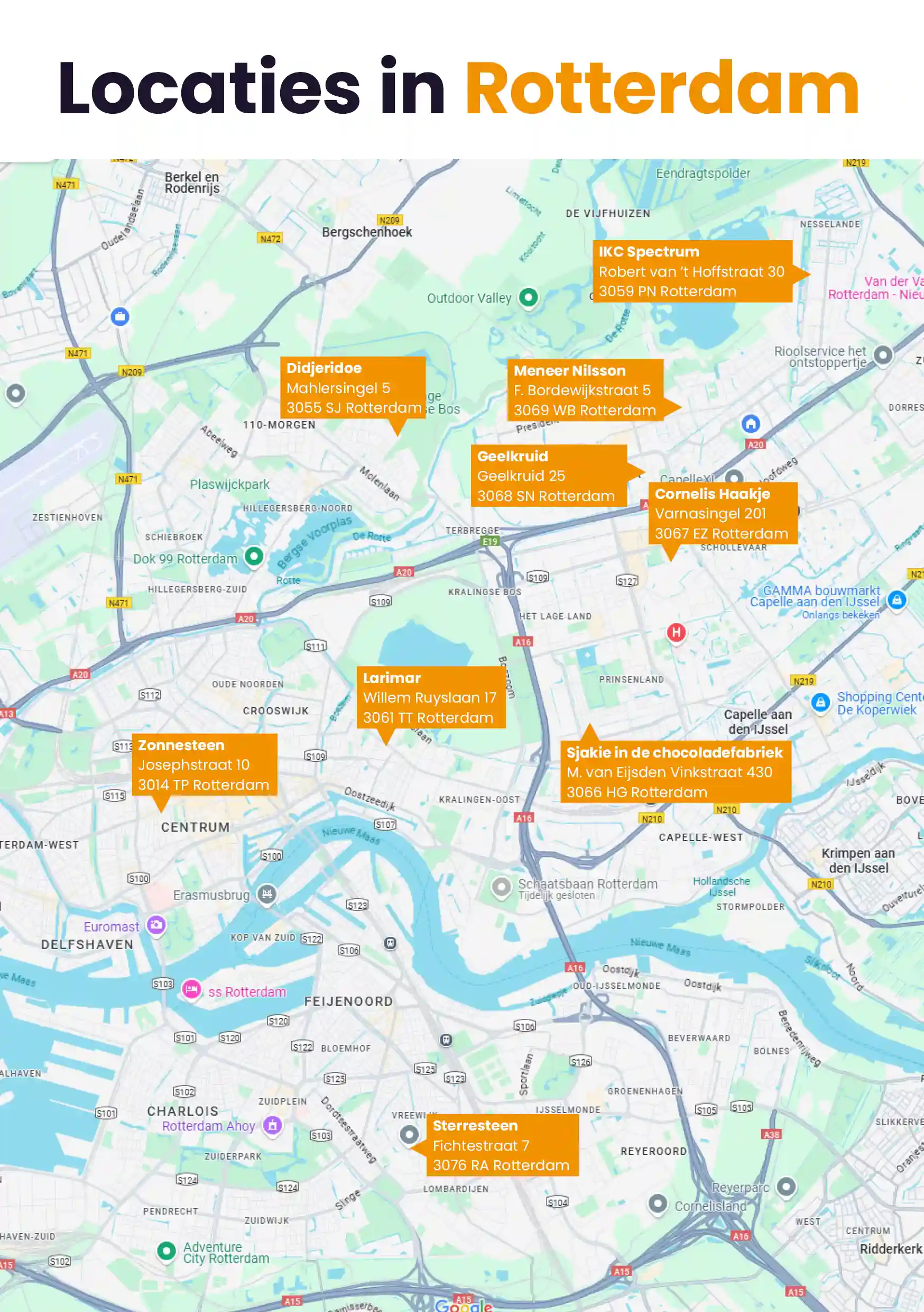 Plattegrond met de peuteropvanglocaties in Rotterdam waar op 18 juni een open dag is